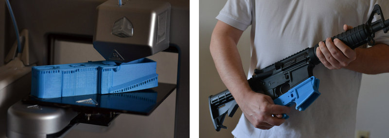 Travis Lerol, a 30-year-old software engineer, holds an AR-15 assault rifle with a plastic lower receiver, the part that includes the firing mechanism, which he can make using his 3-D printer.