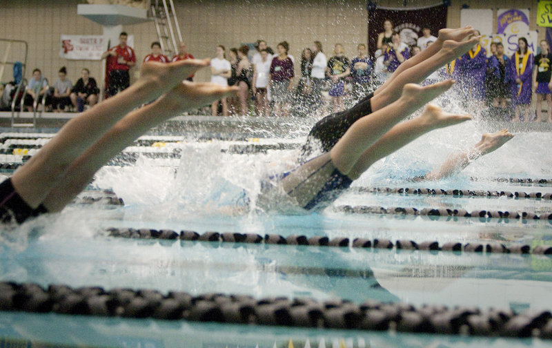 Off they go, straight into the pool for the start of the 500-yard freestyle in the Class A state championships. The race is so long that more than 36 seconds separated the winner from the eighth-place finisher.