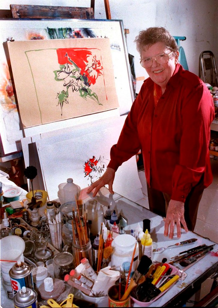 In this January 1998 file photo, Beverly Hallam works in her York studio. Hallam, a Maine arts pioneer, has died at age 89.
