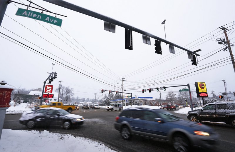 The intersection of Allen and Washington avenues, shown in January, makes the list of top crash locations in Portland. “We have a lot of tricky intersections and a lot of aggressive drivers,” said Jeremiah Bartlett, the city’s transportation systems engineer.