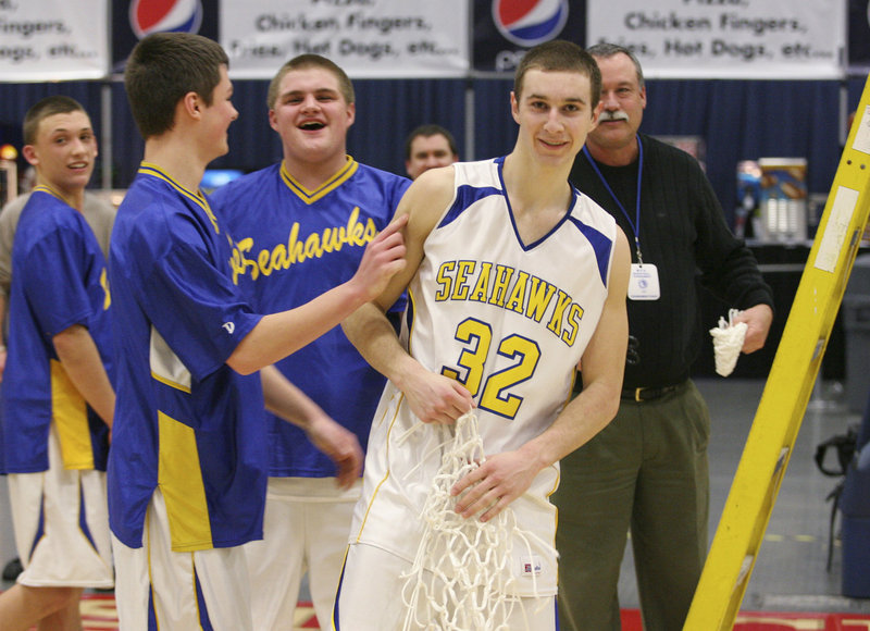 Anthony DiMauro, right, has been directing Boothbay’s offense since his freshman season and surpassed 1,000 career points in a quarterfinal victory over Wiscasset.