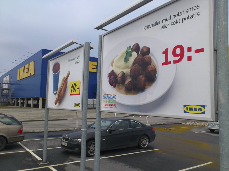 Ikea’s frozen meatballs are advertised in a store parking area in Malmo, Sweden.