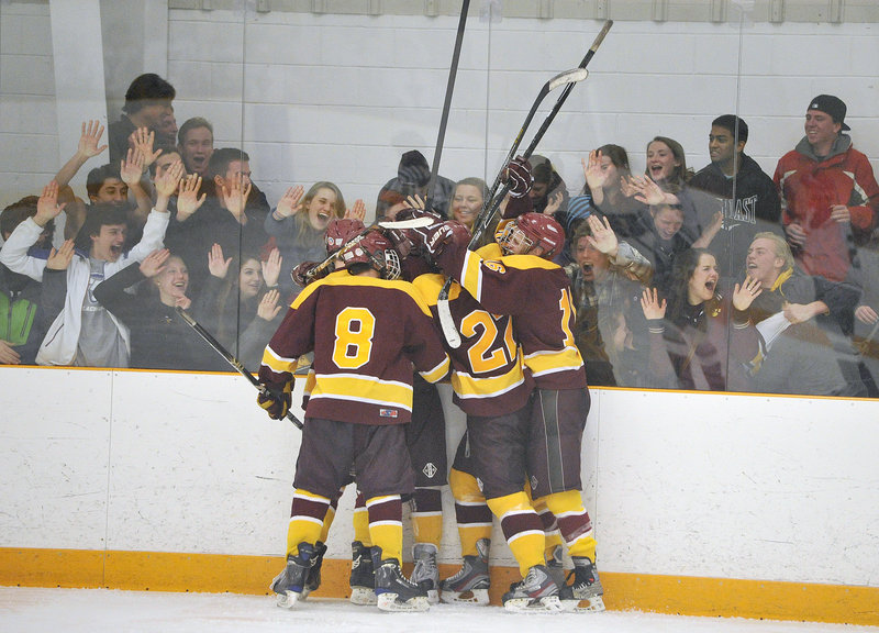 The fans were happy, the players were happy and for Cape Elizabeth, the whole night ended on a happy note Tuesday as the Capers defeated Yarmouth 4-3 at Travis Roy Arena to advance to the Western Class B schoolboy hockey quarterfinals.