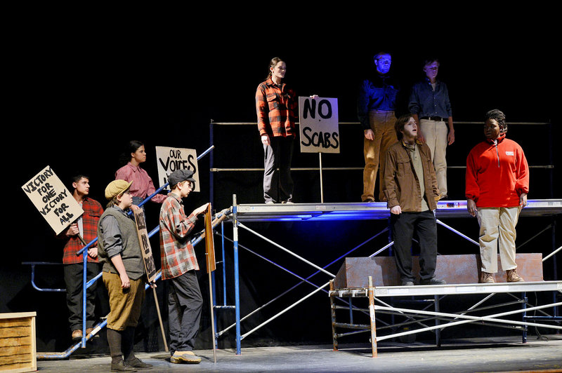 The drama department at Deering High School rehearsing a scene in "Tribute" on Tuesday, Feb. 26, 2013. The play is based on the Maine labor mural.
