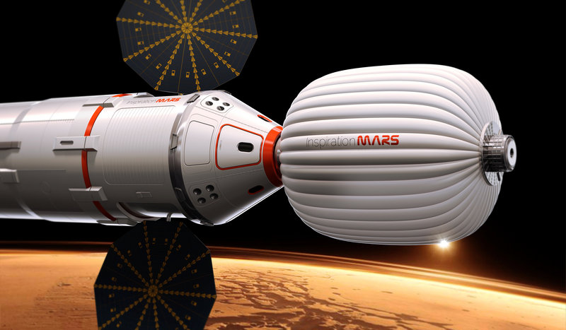 An artist’s drawing provided by Inspiration Mars depicts a spacecraft that would be used to send a married couple on a 16-month mission to the red planet and back. The cost of the venture is expected to exceed $1 billion.