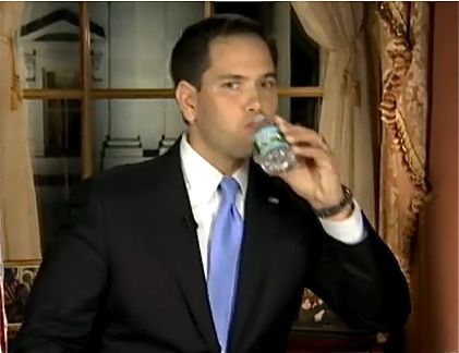 In this video image, Sen. Marco Rubio, R-Fla., takes a quick sip of Poland Springs during his rebuttal to President Barack Obama's State of the Union address on Tuesday night.