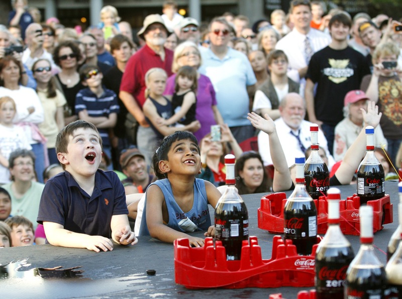 In this June 2012 file photo, Max Cromwell, left, and Pranav Petil, both 7 and from Falmouth, watch the demonstration during the EepyBird, Coke and Mentos Spectacular in Monument Square during the four-day 2012 Portland Performing Arts Festival. The festival – a four-day event mixing jazz, dance, theater, entertainment and classical music that debuted – will not get a second year due to a fundraising shortage.