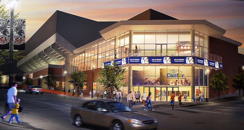This artist conception, an overlay on a photo of the present Cumberland County Civic Center, shows the what the southeast corner of the building will eventually look like. But the Civic Center's trustees and the arena's principal tenant are arguing over who is responsible for a delay in the ongoing renovation project that is likely to push its completion back more than three months.