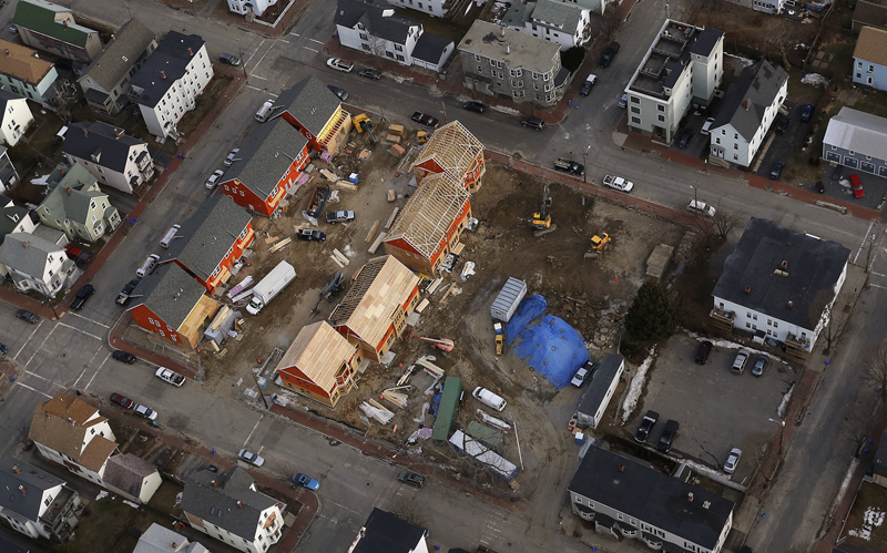 New housing under construction on Munjoy Hill, as seen in this aerial photograph Wednesday, Feb. 6, 2013. Construction is expected to be complete by the spring.