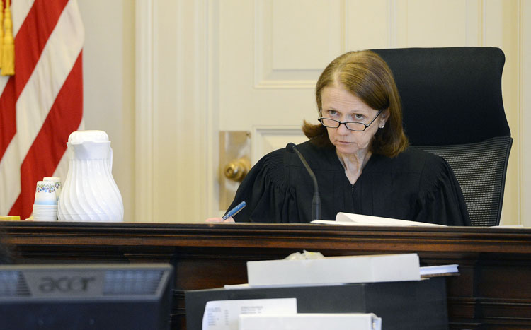 Justice Nancy Mills presides over the Zumba case in York County Superior Court Tuesday, February 19, 2013.