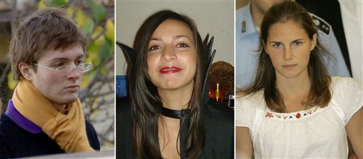 From left: Italian student Raffaele Sollecito, slain 21-year-old British woman Meredith Kercher, and her American roommate Amanda Knox. Amanda Knox was waiting in Seattle to hear if she would face trial again in the murder of Kercher in Italy.