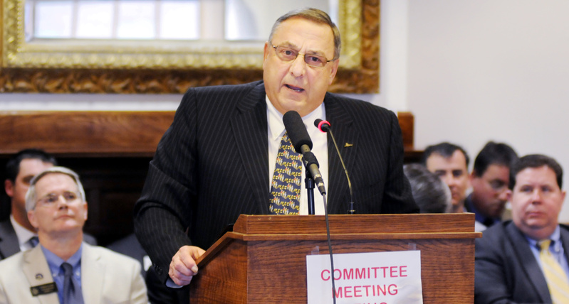 Gov. Paul LePage addresses the Legislature's Veterans and Legal Affairs Committee Monday at the State House in Augusta. LePage urged lawmakers to pass his proposal to put the state liquor contract out to bid.