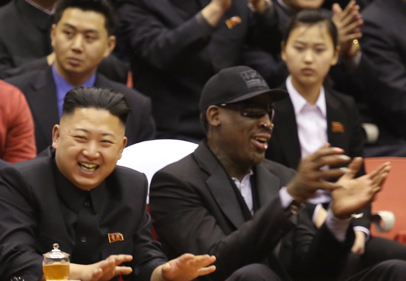 North Korean leader Kim Jong Un, left, and former NBA star Dennis Rodman watch North Korean and U.S. players in an exhibition basketball game in Pyongyang, North Korea last week.