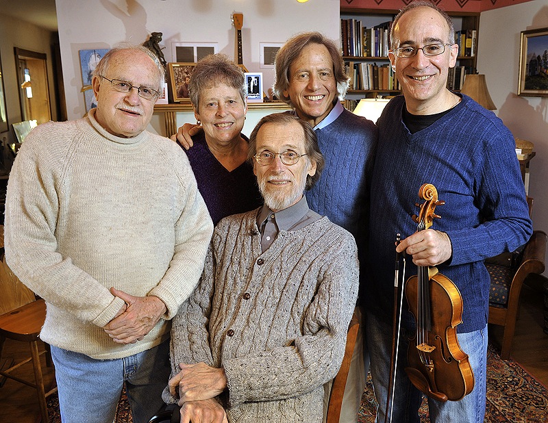 The same musicians last week, with outgoing first chair Kecskemethy in the foreground, and the quartet’s newest member, Dean Stein, at right.