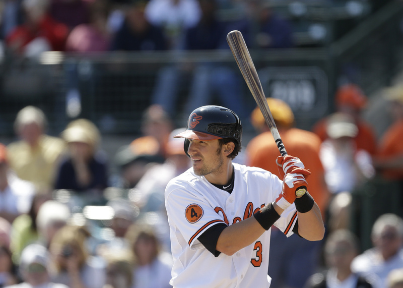 Baltimore Orioles' Ryan Flaherty bats during the eighth inning of an exhibition spring training baseball game against the Tampa Bay Rays on Thursday in Sarasota, Fla. Flaherty is forcing the Orioles into a tough decision.