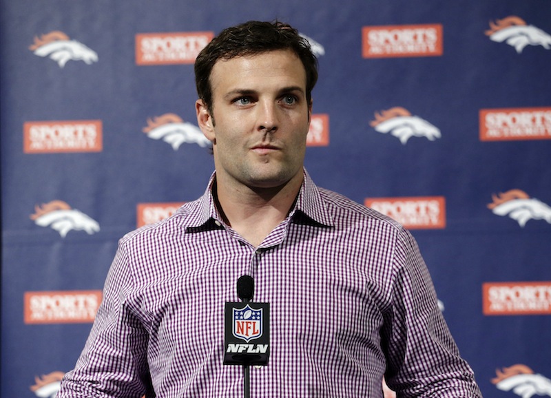 Newly acquired Denver Broncos wide receiver Wes Welker speaks at an NFL football news conference announcing his $12 million, two-year contract, Thursday, March 14, 2013, in Englewood, Colo. (AP Photo/Ed Andrieski)