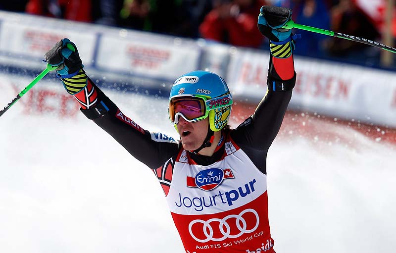 Ted Ligety of the United States reacts after winning the men's Alpine skiing giant slalom at the World Cup finals in Lenzerheide, Switzerland on Saturday.