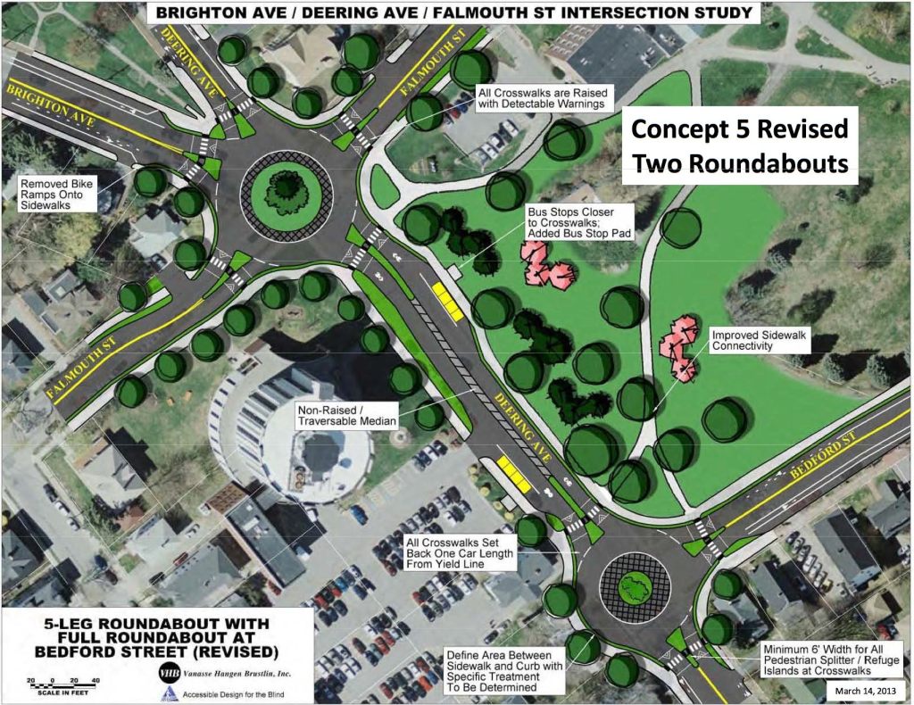 A concept drawing of the roundabout proposal for the intersections of Falmouth, Deering, Brighton, and Bedford near the University of Southern Maine in Portland.
