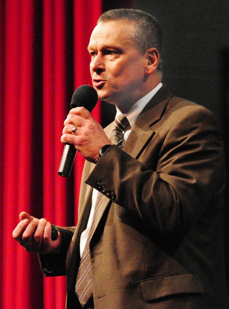 Dr. Tony Bennett, Florida education commissioner, delivers the keynote speech during the Governor's Conference on Education on Friday at Cony High School in Augusta.