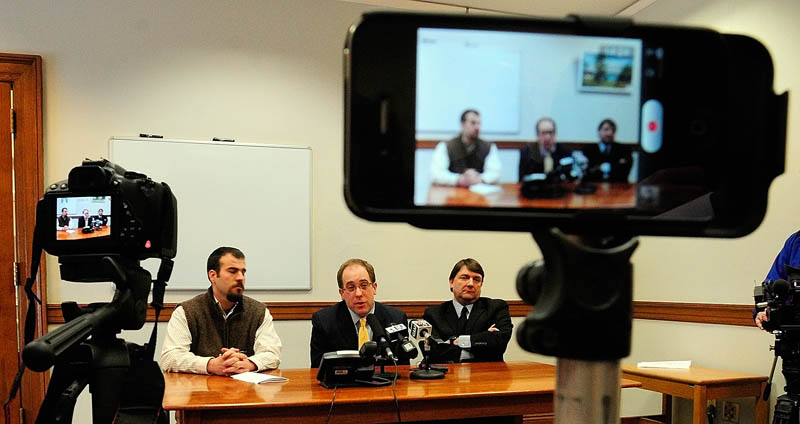 Assistant Majority Floor Leader Rep. Jeff McCabe, D-Skowhegan, left, Majority Leader Sen. Seth Goodall, D-Richmond, and Assistant Majority Leader Sen. Troy Jackson, D-Allagash, answer questions during a news conference on Friday at the State House in Augusta.