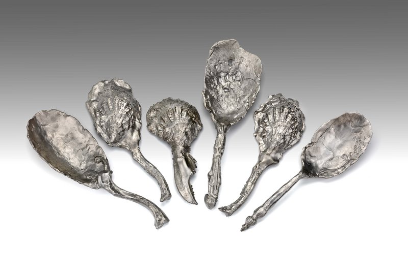 Jeffrey Clancy makes pieces that riff on functional tabletop objects, like these spoons. “The way he renders them is the opposite of practical,” says Daniel Fuller, director of the Institute of Contemporary Art at MECA.