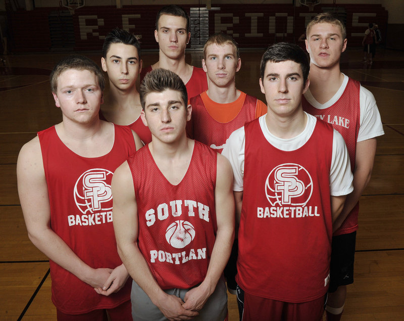 The seven South Portland seniors will play together for the final time Saturday night. They have played together since grade school. Front row, from left, are: Conner MacVane, Trevor Borelli and Ryan Pelletier. Back row: Calvin Carr, Jack Tolan, Tanner Hyland and Ben Burkey.
