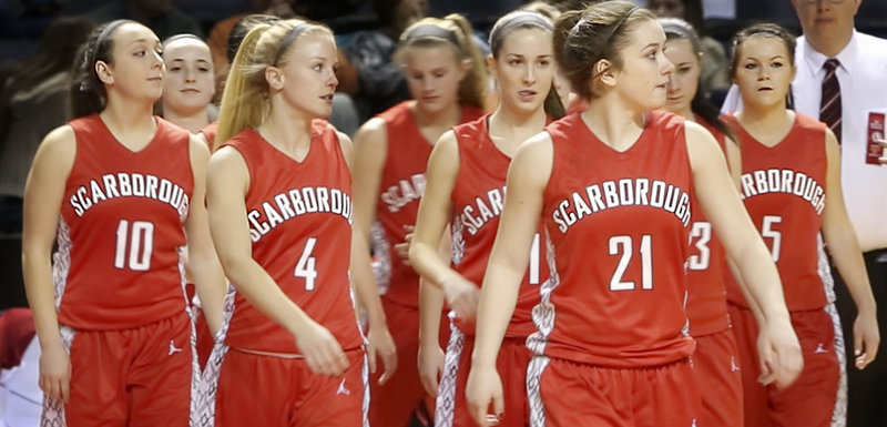 Six seniors on the Scarborough girls basketball team – from left, Marisa O’Toole, Grace Farnkoff, Maria Philbrick, Taylor LeBorgne, Courtney Alofs and Mary Redmond – walk onto the court for their semifinal game against Catherine McAuley High School at the Cumberland County Civic Center in Portland on Feb. 22. Because Scarborough lost, it would turn out to be their last game together, “but we gave everything we had,” Farnkoff said.