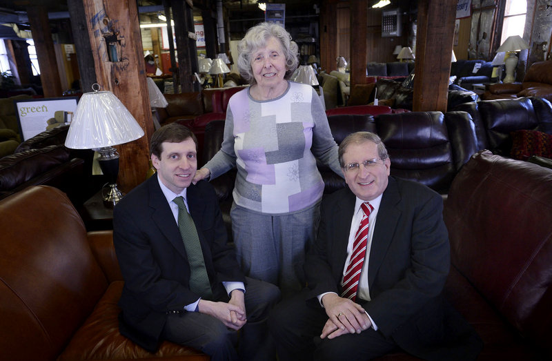 Andrew, Rose and Sam Novick, from left, at Hub Furniture in Portland, which celebrates its 100th anniversary this year.