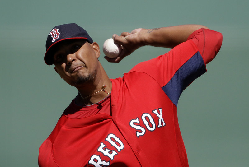 Felix Doubront throws a pitch in a 5-1 spring training win against the Tampa Bay Rays on Monday at Fort Myers, Fla. “He got up and down twice, no physical issues,” said Red Sox Manager John Farrell.