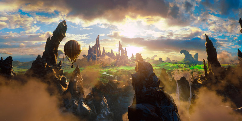 Oscar Diggs’ (James Franco) hot air balloon sails over the landscape of the Land of Oz.