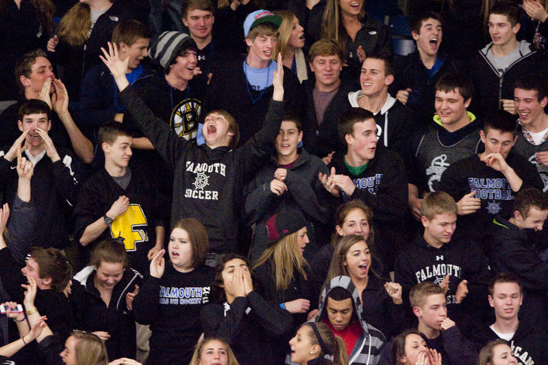 The Falmouth fans were celebrating after the Yachtsmen scored twice in 16 seconds late in the third period to stun top-ranked Scarborough, making up for two regular-season losses to the Red Storm.