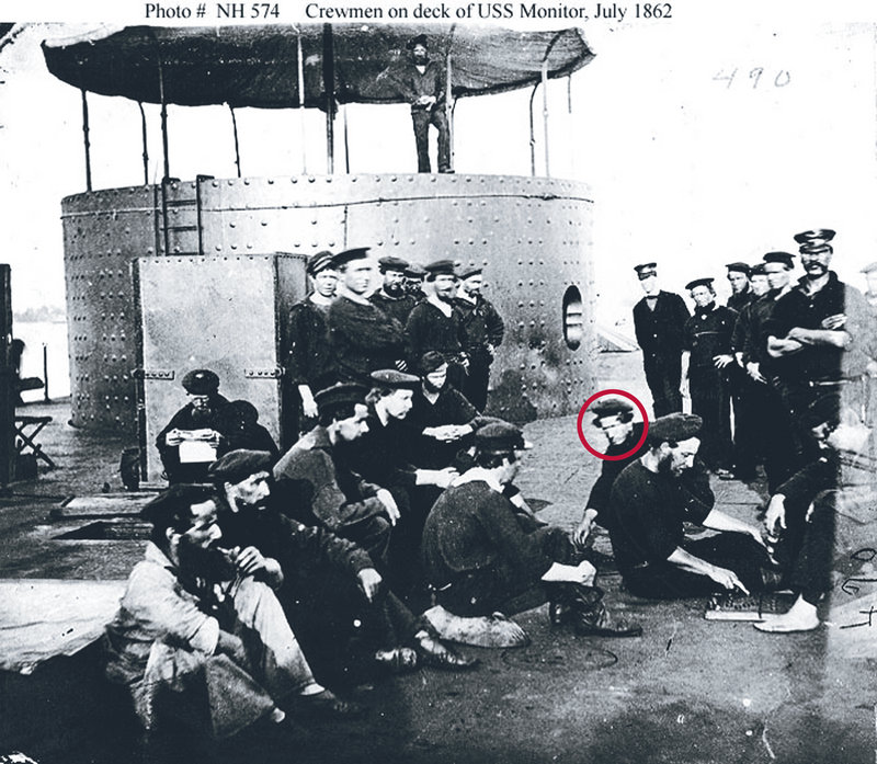 Crewmen on the deck of the USS Monitor are seen in a photograph from July 1862. William Bryan, the great-great-great-uncle of Maine’s Andrew Bryan, is circled. William and his brother James came to the U.S. from Scotland and fought on opposite sides in the war.
