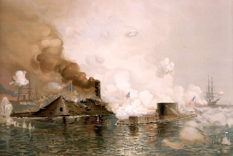 An 1886 lithograph by J.O. Davidson, “First Fight between the Ironclads,” shows one of the most historic battles of the Civil War. The clash was the first between the two steel ships and lasted nearly four hours – with neither inflicting serious injury on the other. On Friday, descendants of the USS Monitor crew will gather in Washington’s Arlington Cemetery as remains of two of those sailors are interred.