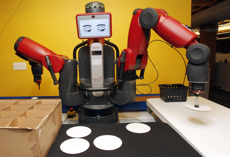 Rethink Robotics designed the Baxter robot to work alongside real people. Its cartoon face changes expressions to warn people what it is doing.