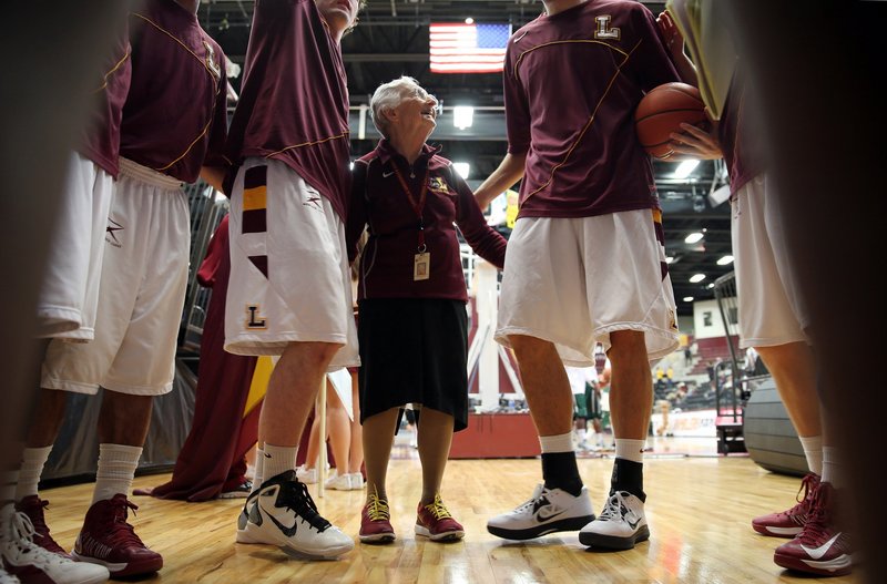 Sister Jean Dolores Schmidt says her pre-game prayer for the Loyola men’s basketball team a week ago in Chicago. Her prayers were answered when the team won its last regular-season game, 87-60, against Cleveland State University before going on the road for the Horizon League playoffs.