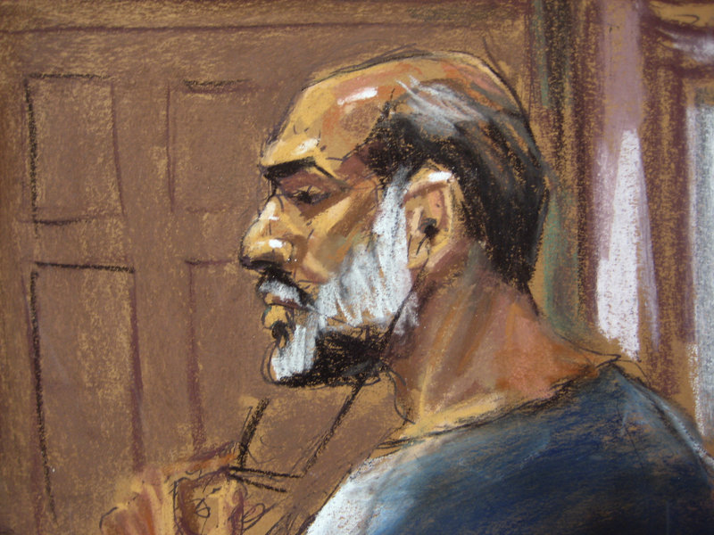 An artist’s sketch shows Sulaiman Abu Ghaith at the U.S. District Court in Manhattan on Friday. Abu Ghaith pleaded not guilty to a charge of conspiracy to kill Americans.