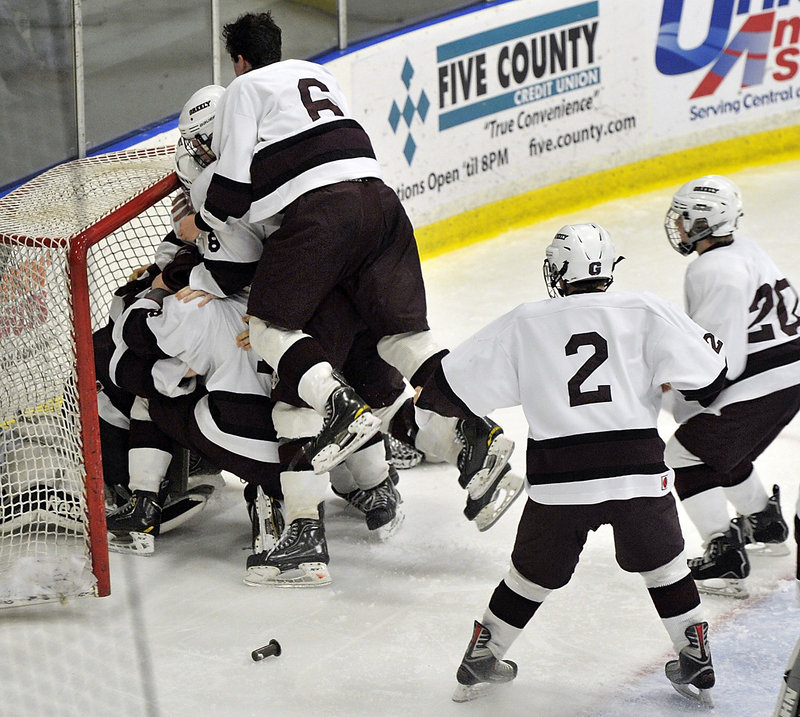 And when it was over … Greely stormed the net and goalie Kyle Kramlich after repeating as the state champion in Class B with the victory over Messalonskee. The Rangers also defeated Messalonskee in last season’s championship game.