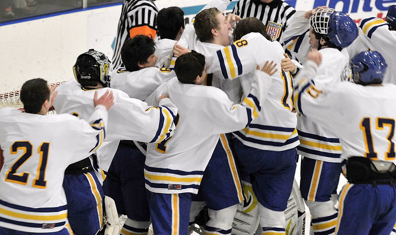 The celebration was a long time coming for the Falmouth’s boys’ hockey team, which claimed its first state championship Saturday night with a 4-0 victory over Lewiston in the Class A final at the Colisee in Lewiston.