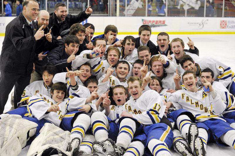 The only time the Falmouth High hockey team was ever down Saturday was after the game … on the ice … celebrating a 4-0 victory against Lewiston that gave the Yachtsmen the first Class A state championship in the program’s history.