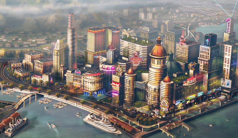 In this file image provided by Electronic Arts/Maxis, concept art for a waterfront city is shown for the video game "SimCity."