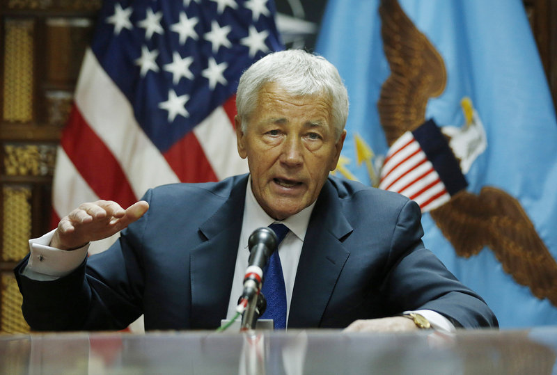 Secretary of Defense Chuck Hagel speaks to the press Sunday following his meeting with Afghanistan's President Hamid Karzai in Kabul, Afghanistan.