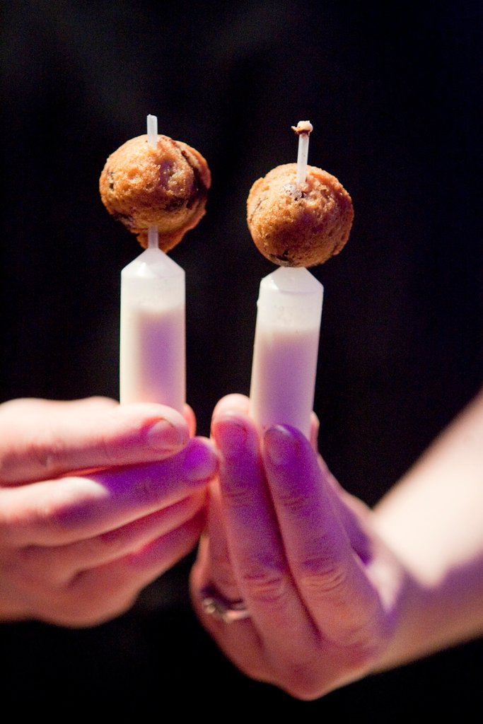 Cookies speared atop syringe-like skewers filled with cold milk were designed “to bring you right back to your childhood,” said Academe chef Shannon O’Hea at Sunday’s cocktail and dessert competition.