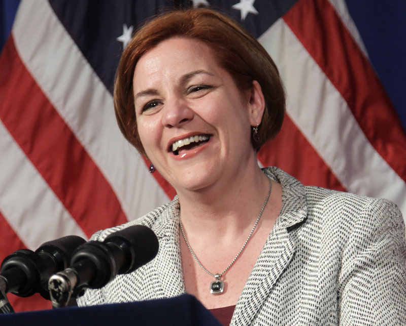 New York City Council Speaker Christine Quinn laughs during a news conference at City Hall in New York in 2012. Quinn, a Democrat, announced through her Twitter feed Sunday that she's in the race to succeed Mayor Michael Bloomberg.