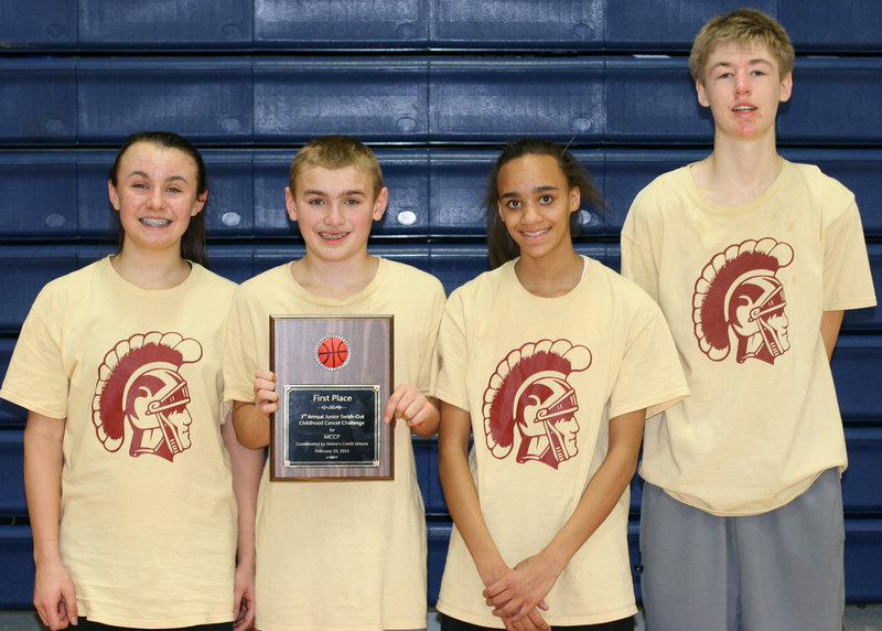 The Saco Celtics took first place in the Junior Division at the Swish-Out Childhood Cancer Challenge. Team members are, from left: Bella Robinson, Austin Robinson, Alex Hart and Austin Boudreau.