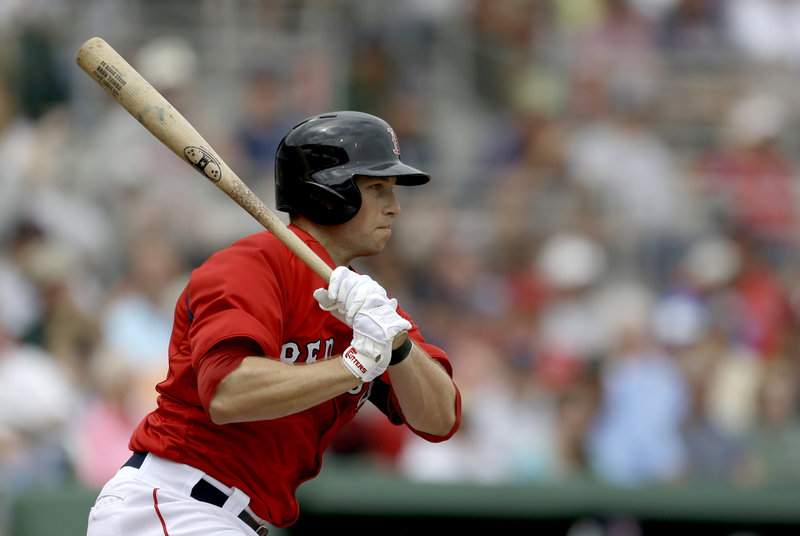 Daniel Nava, who played for the Portland Sea Dogs in 2009, hits a single in the third inning of Tuesday’s game against the Blue Jays in Fort Myers, Fla. The Red Sox won, 5-3. Nava went 2 for 4 and scored a run.