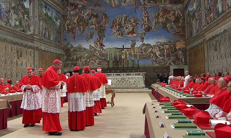 Cardinals file into the Sistine Chapel in the Vatican on Tuesday to begin the conclave to elect a successor to Pope Benedict. Michelangelo’s frescoes soar above them as the 115 cardinals cast their ballots.