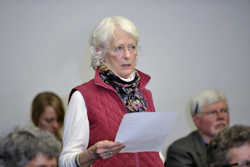 Constance Bloomfield of the Portland Society for Architecture opposes allowing a 165-foot tower in Bayside at a Planning Board meeting Tuesday.