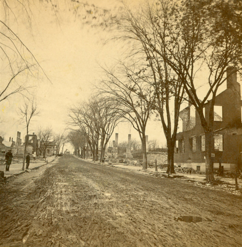 This photo, taken after the Great Fire of 1866, shows the area that is now the corner of Middle and India streets looking toward Congress Street.