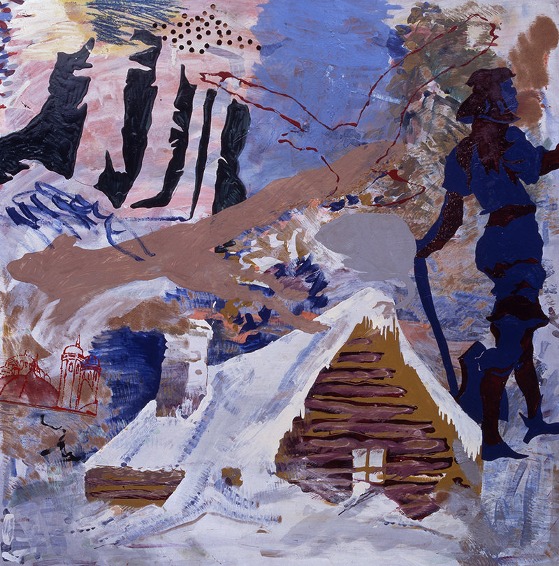“Mordet I Finderup Lade (Regicide at Finderup Barn),” 1967, mixed media on Masonite, and, below, “Untitled (Horses),” 2009, tempera on canvas by Per Kirkeby.
