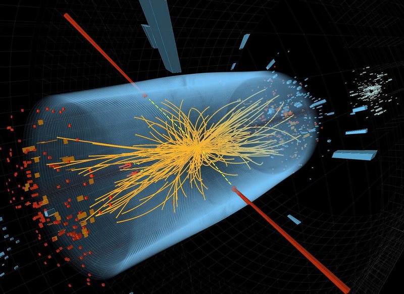 Image shows two high-energy photons’ energy depicted by red towers. Yellow lines are the tracks of other particles produced in the collision. CERN says data from 2012 shows a version of the “God particle.”